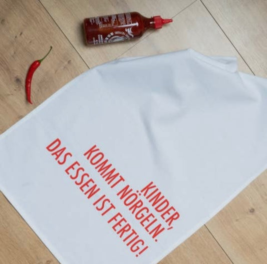 Geschirrtuch weiss - „KINDER KOMMT NÖRGELN“